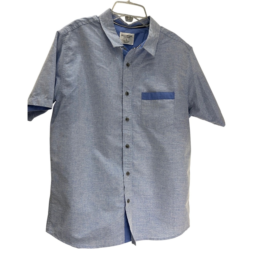 Distortion Mens Large Casual Short Sleeve‎ Button Down Shirt Blue Lightweight